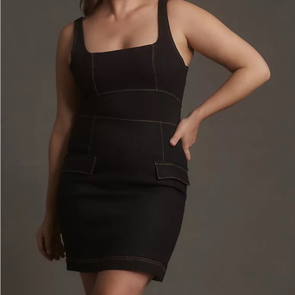 By Anthropologie Sleeveless Square-Neck Slim Knit Mini Dress dark Denim size 14 - Picture 2 of 10